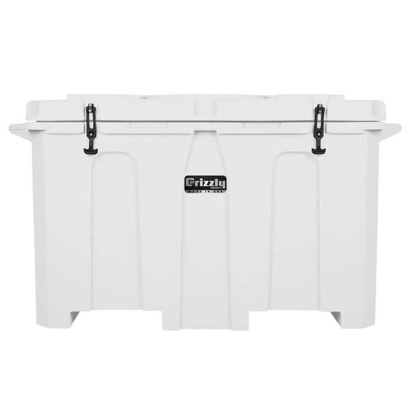 A white rectangular Grizzly Cooler with black text and black handles.