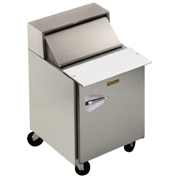 A Traulsen stainless steel refrigerated sandwich prep table with a right hinged door.