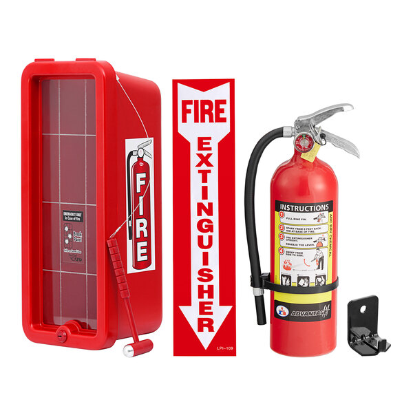 Badger Advantage ADV-550 5 lb. Dry Chemical Untagged Rechargeable Fire Extinguisher, Cato Chief Red Plastic Cabinet with Hammer, and Adhesive Label