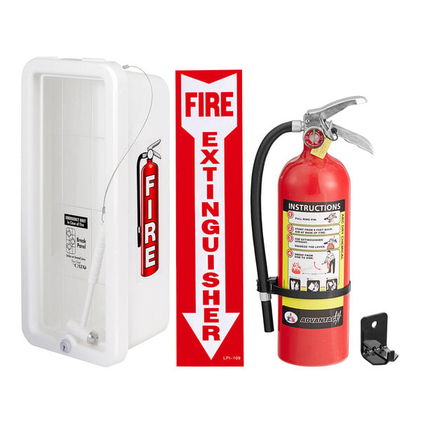 Badger Advantage ADV-550 5 lb. Dry Chemical Untagged Rechargeable Fire Extinguisher, Cato Chief White Plastic Cabinet with Hammer, and Adhesive Label