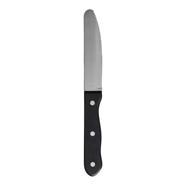 Varick from Steelite International 9 7/8" 18/0 Serrated Stainless Steel Steak Knife with Black POM Handle - 12/Case