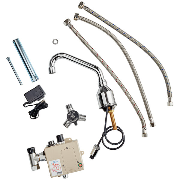 A Waterloo deck-mount medical faucet with a surgical bend gooseneck spout.