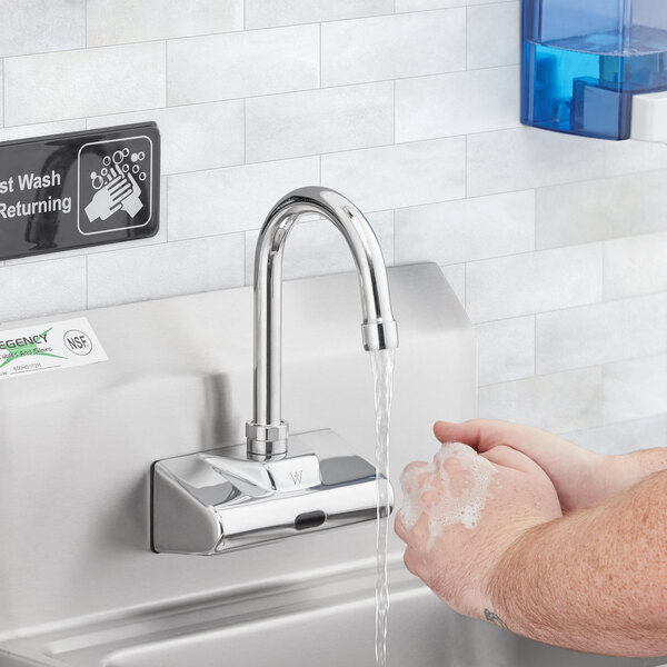 Waterloo Wall-Mount Hands-Free Sensor Faucet with 4 3/8" Gooseneck Spout, 4" Centers, and 0.5 GPM
