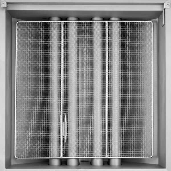 A metal box with several tubes inside.