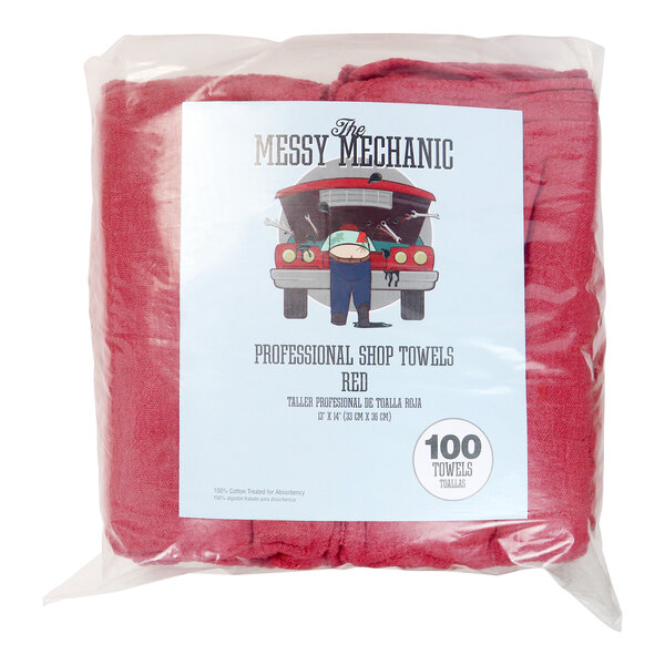 Monarch Brands Messy Mechanic 13" x 14" Red 100% Cotton Shop Towel Bagged - 100/Pack