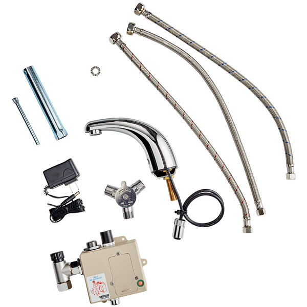 A Waterloo Deck-Mount Hands-Free Sensor Faucet with a metal hose.