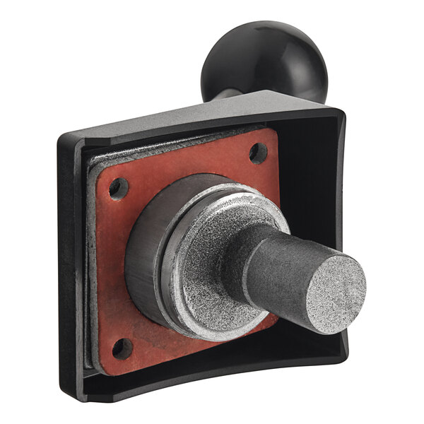 A metal handle with a round metal knob and black and red accents.