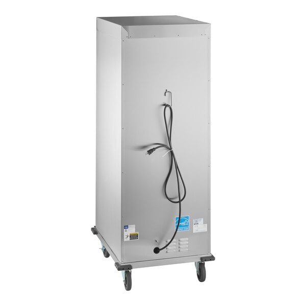 A full size, stainless steel, vacuum-insulated heated holding cabinet on wheels with a visible power cord.
