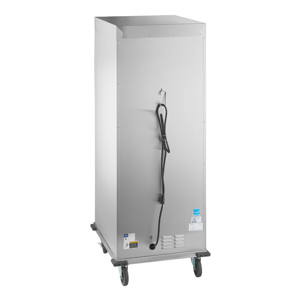 A full size vacuum-insulated heated holding cabinet with a clear door and caster wheels.