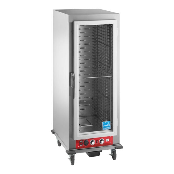 A full size vacuum-insulated heated holding and proofing cabinet with a clear door and control panel at the bottom.