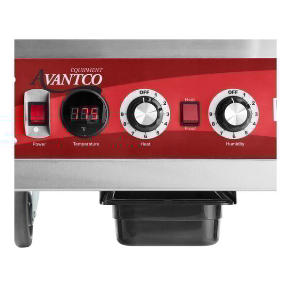 A commercial Avantco heated holding and proofing cabinet control panel with temperature, heat, and humidity dials.