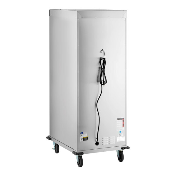 A full size insulated heated holding and proofing cabinet with a solid stainless steel door, mounted on casters.