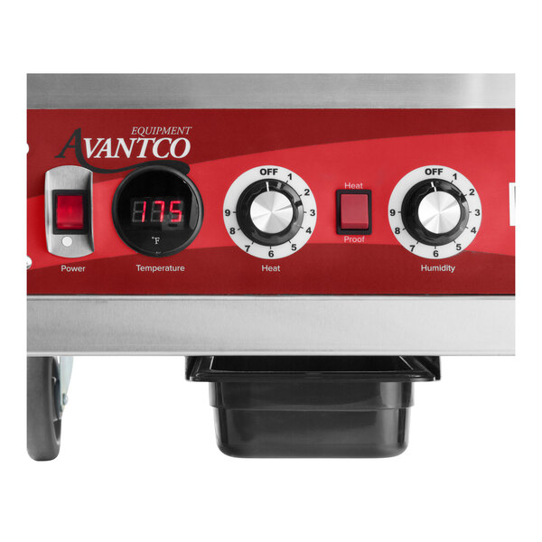 A commercial Avantco heated holding and proofing cabinet control panel with temperature, heat, and humidity settings.