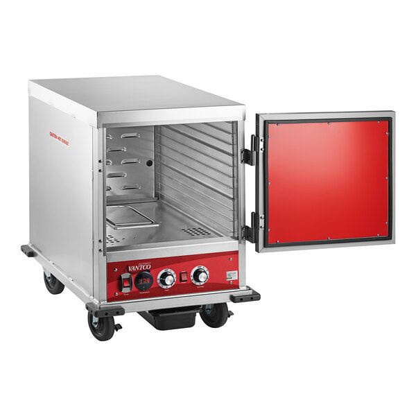 An Avantco silver holding / proofing cabinet with a red handle on the door.