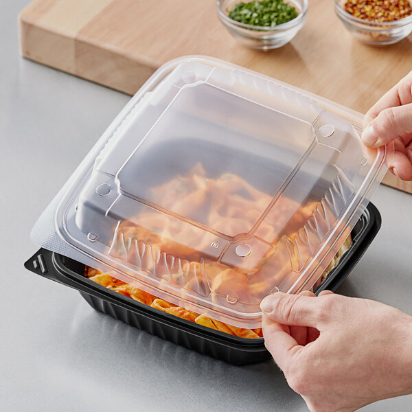 Ecopax 8" x 8" x 3" 1-Compartment Plastic Microwaveable Black Take-Out Container with Lid - 150/Case