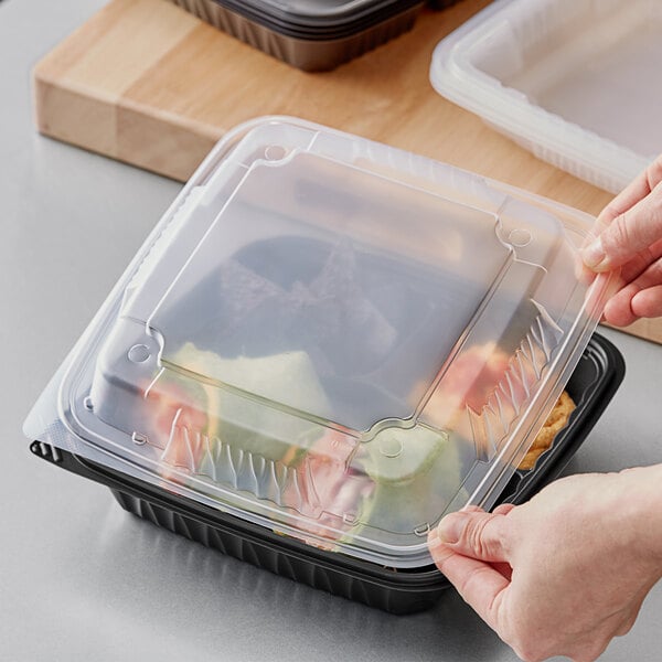 Ecopax 9" x 9" x 3" 3-Compartment Plastic Microwaveable Black Take-Out Container with Lid - 150/Case