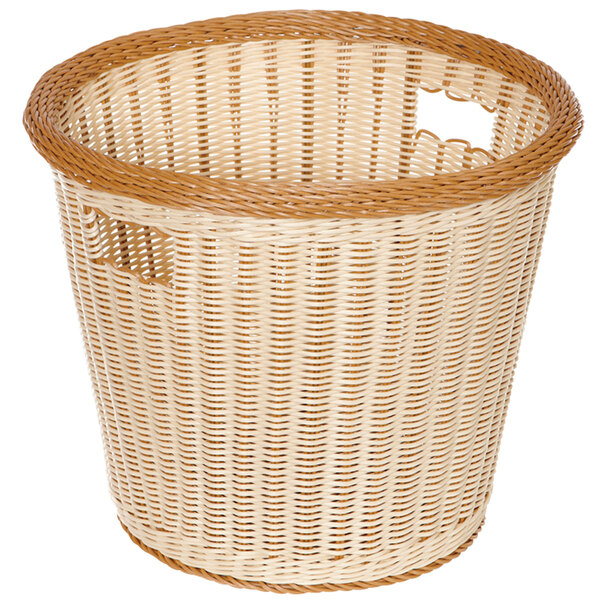 A white and brown plastic round basket with a handle.