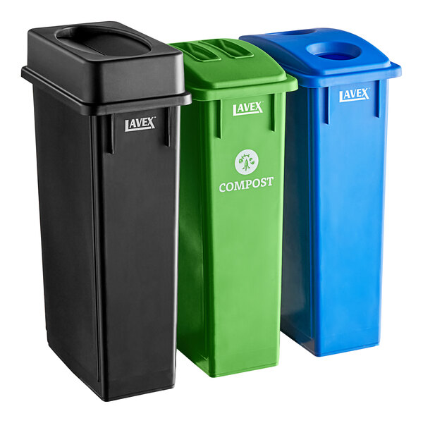 Lavex 23 Gallon 3-Stream Slim Rectangular Trash / Recycle / Compost Station with Black Drop Shot Lid, Green Flat Lid, and Blue Can / Bottle Lid