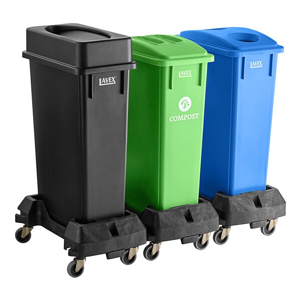 Lavex 69 Gallon 3-Stream Slim Rectangular Mobile Trash / Recycle / Compost Station with Black Drop Shot Lid, Green Flat Lid, and Blue Can / Bottle Lid