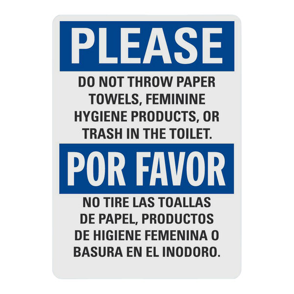 Lavex 14" x 10" Non-Reflective Plastic Bilingual "Please Do Not Throw Paper Towels, Feminine Hygiene Products, Or Trash In The Toilet" Safety Sign