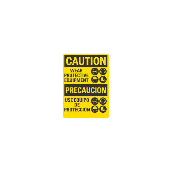 Lavex 14" x 10" Non-Reflective Plastic "Caution / Wear Protective Equipment / Precaucion / Use Equipo De Proteccion" Bilingual Safety Sign With Symbols