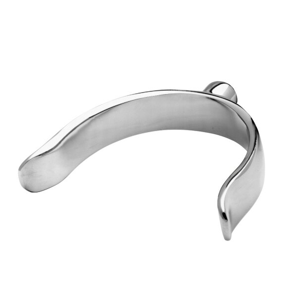 A silver metal stirrup with a curved shape.