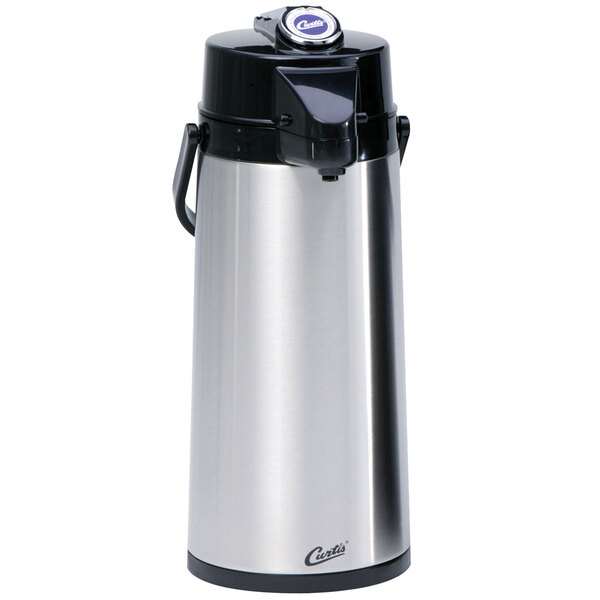 A Curtis stainless steel coffee airpot with a black lever lid.