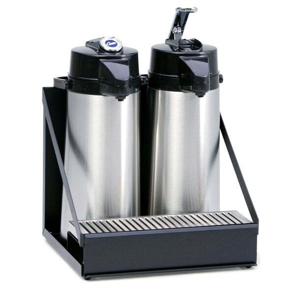 A black Curtis two airpot rack holding stainless steel coffee dispensers.