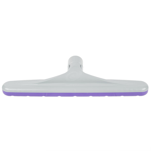 A purple and white plastic multi surface floor tool with a white background.