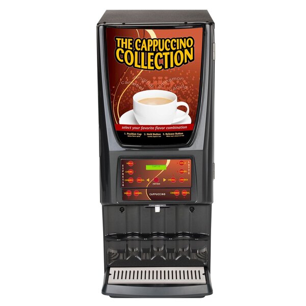 A Curtis hot beverage dispenser with a white cup of coffee on it.