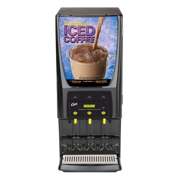 A Curtis Primo iced coffee machine with a cup of coffee on top.