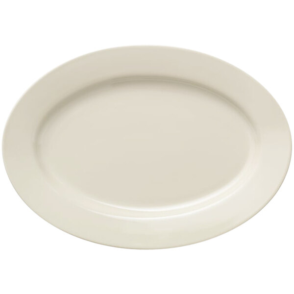 Libbey Porcelana Cream 15 1/4" x 10 7/8" Cream White Oval Wide Rim Rolled Edge Porcelain Platter - Sample