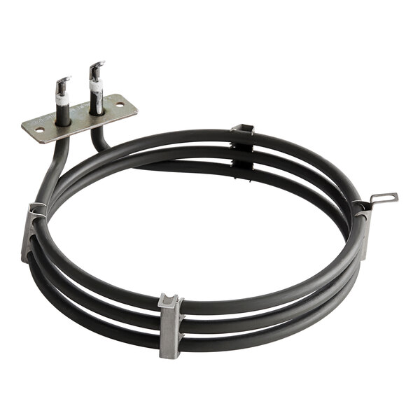 A black coil with metal brackets and a black cable with two wires attached to it.