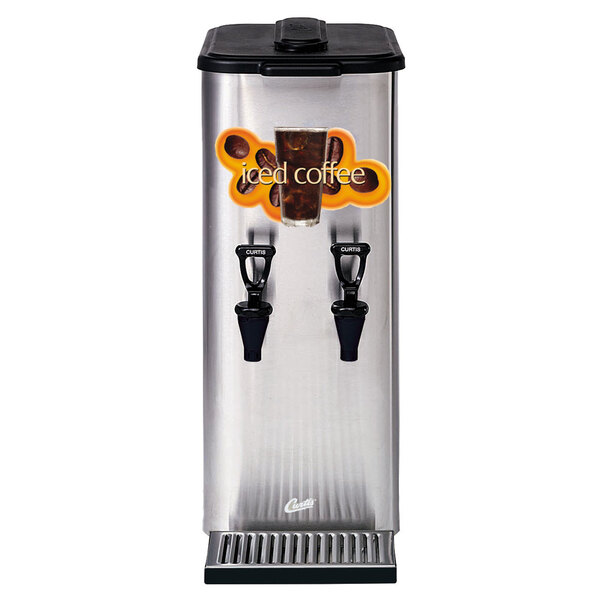 A silver and black Curtis liquid iced coffee dispenser with two cups of coffee.