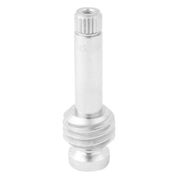 A silver metal right hand spindle with a round metal tube on the end, on a white background.