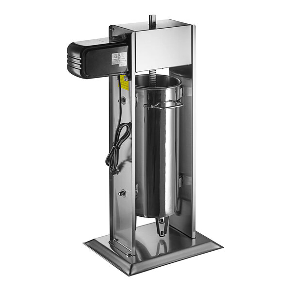 An Avantco stainless steel vertical electric/manual sausage stuffer with metal funnels.