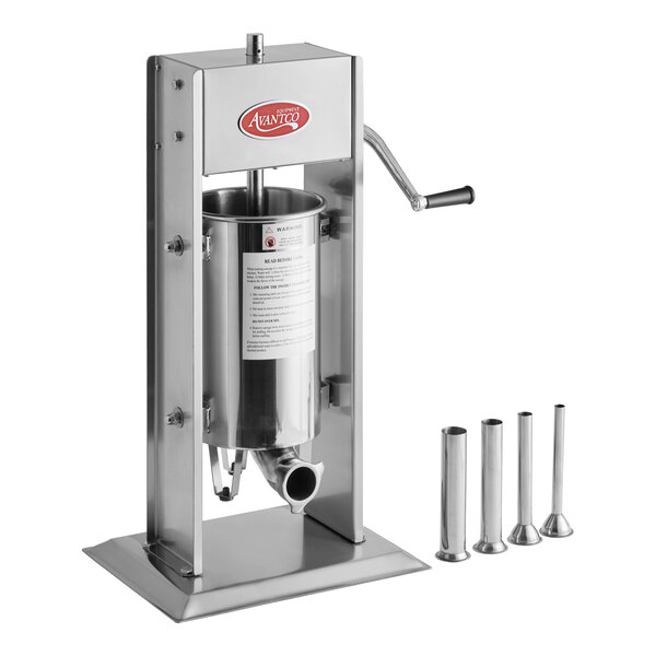 A stainless steel vertical manual sausage stuffer with a hand crank and four different sized funnels.