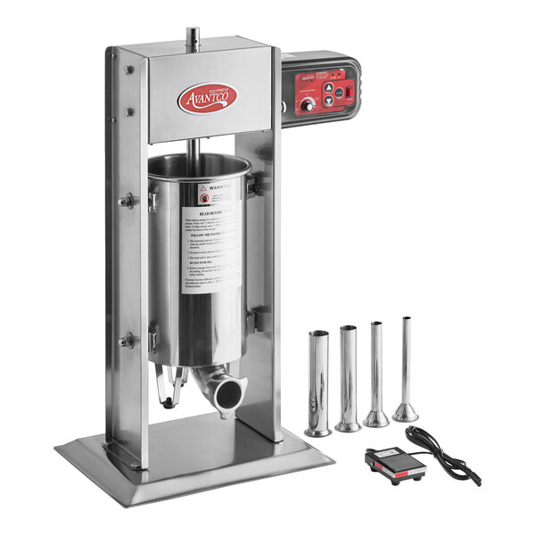 A stainless steel vertical hybrid electric and manual sausage stuffer with four different sized funnels and a power cord.