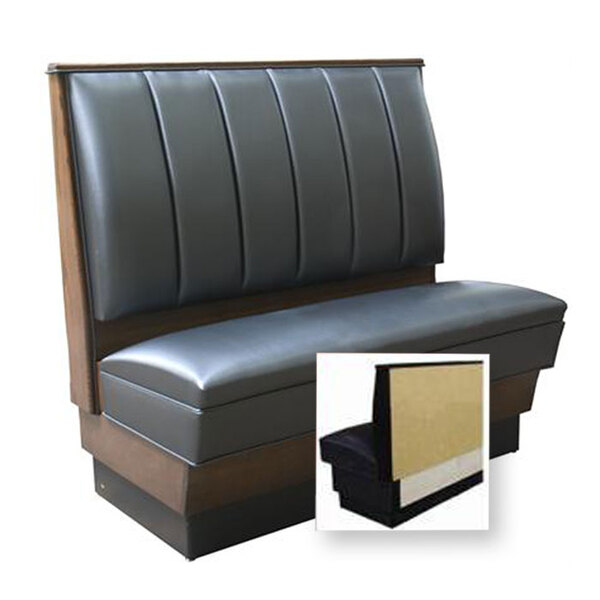 An American Tables & Seating black and brown upholstered wall bench.