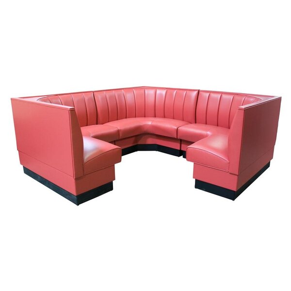 An American Tables & Seating red upholstered 3/4 circle booth with black base.