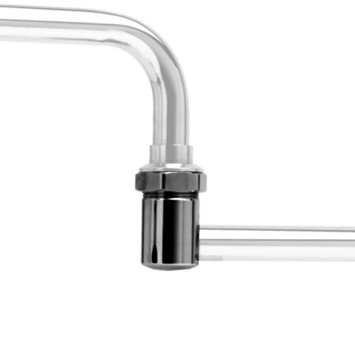 A chrome T&S pre-rinse swing body with silver inlets and a black handle.