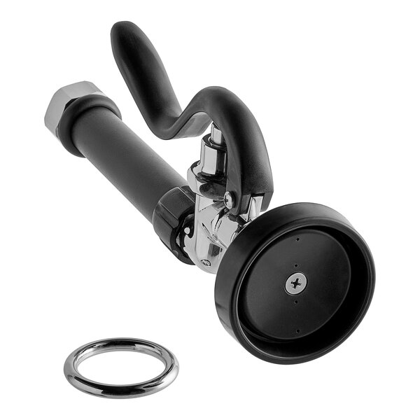 A black hose adaptor with a black and silver handle.