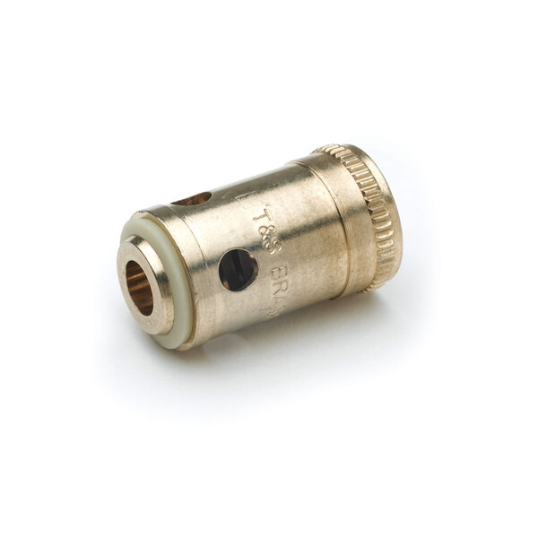 A brass threaded connector on a brass cylinder.