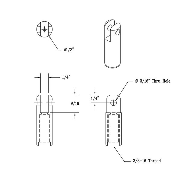 A diagram of a T&S lower support rod clevis with circular ends and a cross in the center.