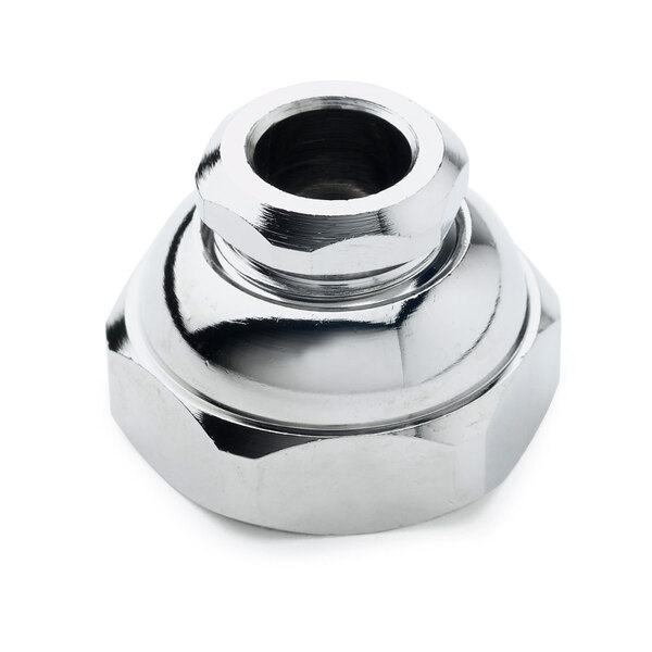 A close-up of a chrome plated metal nut.
