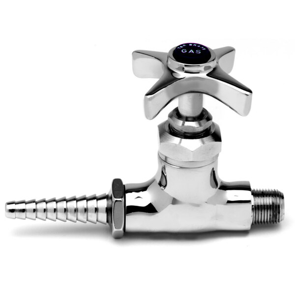 A chrome plated brass spindle for a silver metal laboratory faucet.