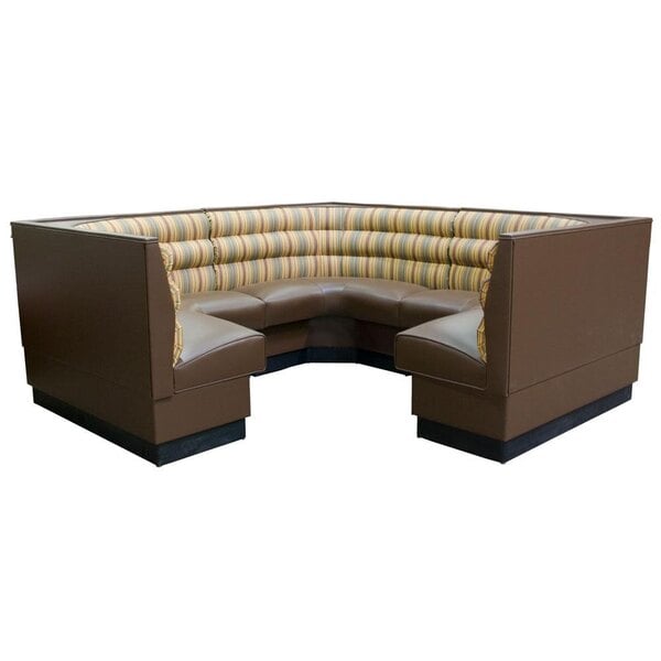 An American Tables & Seating brown and yellow 1/2 circle corner booth with a backrest.