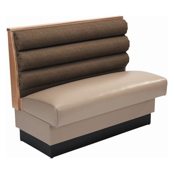 An American Tables & Seating brown and tan booth with a horizontal channel back and brown fabric cushions.