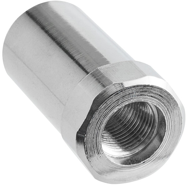 A silver metal cylinder with a stainless steel threaded nut.