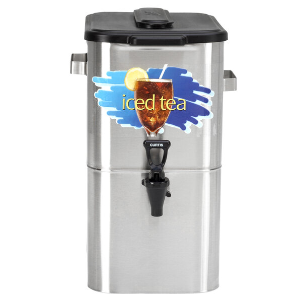 A stainless steel Curtis iced tea dispenser with a black plastic lid.
